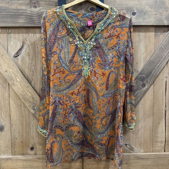 Raj 100% Silk Ladies Orange Boho Long Tunic Top Swim Cover Embroidered Med M - Picture 1 of 4
